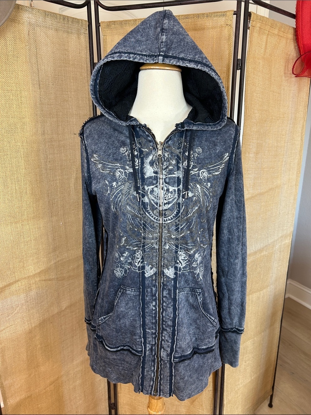 Y2K Harley Davidson Women's Reversible Full Zip Hoodie Blue Black Lace overlay M - Picture 5 of 16